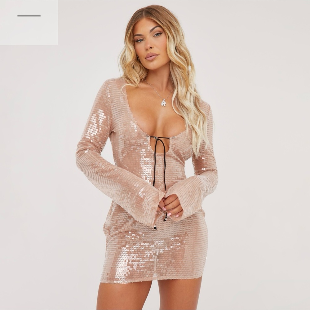 LONG SLEEVE KEYHOLE CUT OUT DETAIL MINI BODYCON DRESS IN NUDE SHEER SEQUIN
